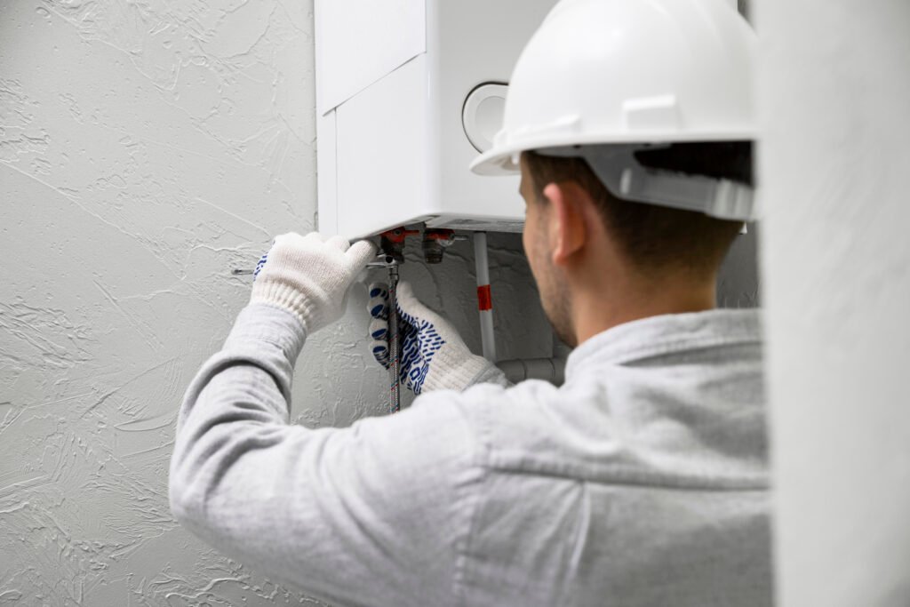 worker repairing water heater worker repairing water heater
